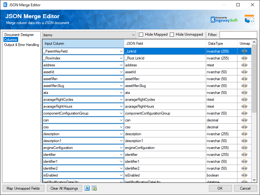 JSON Merge - Columns Page